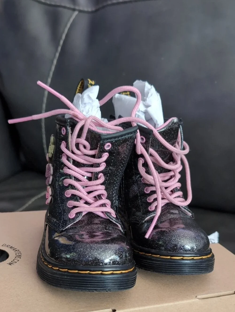 Dr. Martens Kids Black Glitter Lace-Up Boots with Pink Floral Accents